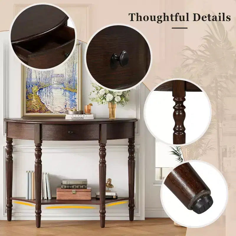 GDFStudio Malory Table console demi-lune de ferme 39 po avec tiroir et étagère