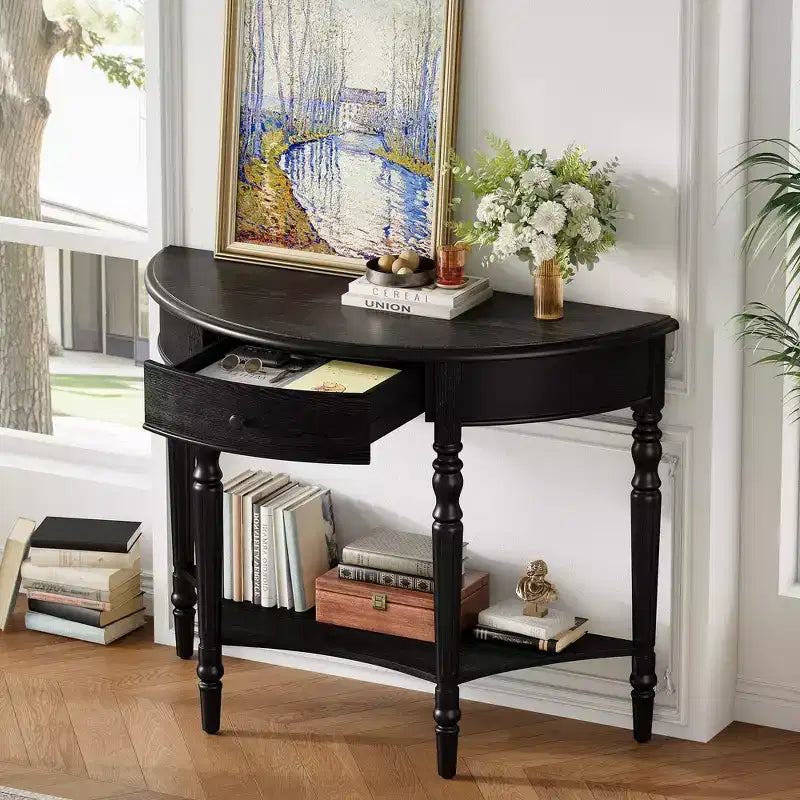 GDFStudio Malory Table console demi-lune de ferme 39 po avec tiroir et étagère