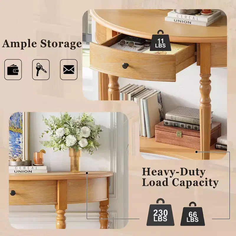 GDFStudio Malory Table console demi-lune de ferme 39 po avec tiroir et étagère