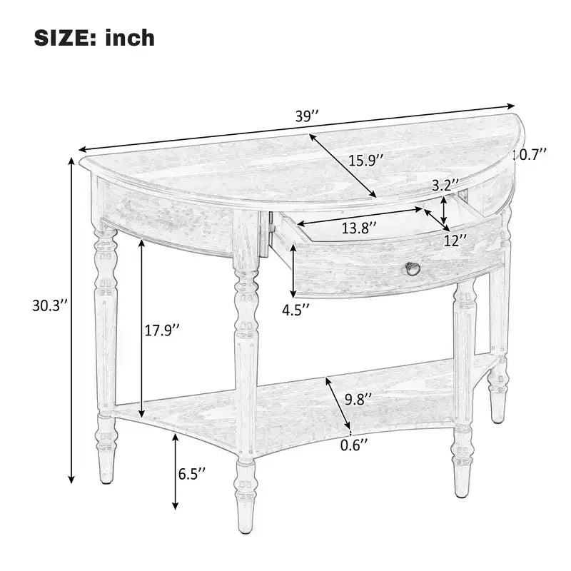 GDFStudio Malory Table console demi-lune de ferme 39 po avec tiroir et étagère