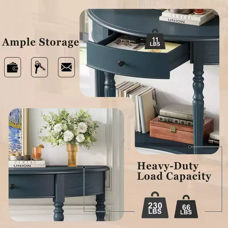 GDFStudio Malory Table console demi-lune de ferme 39 po avec tiroir et étagère