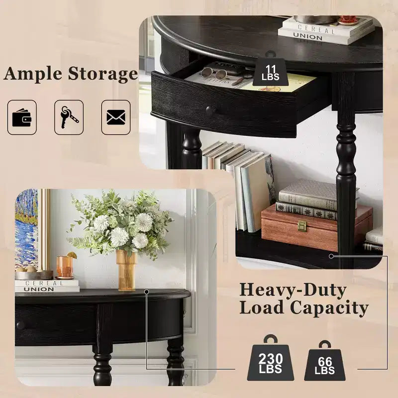 GDFStudio Malory Table console demi-lune de ferme 39 po avec tiroir et étagère