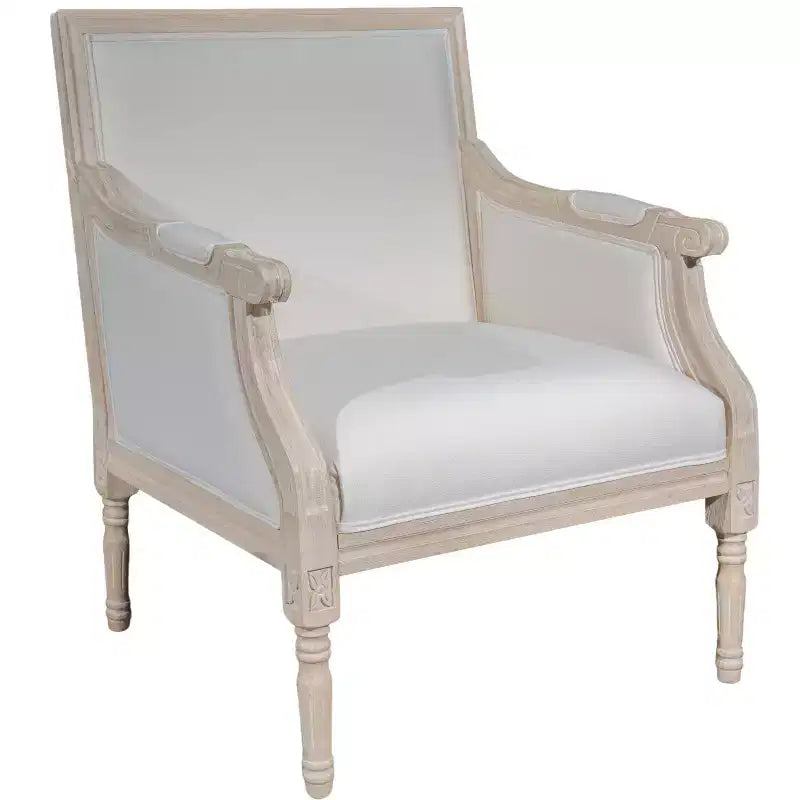 Fauteuil d'appoint français, cadre en bois traditionnel, revêtement en lin, finition vieillie, à l'unité