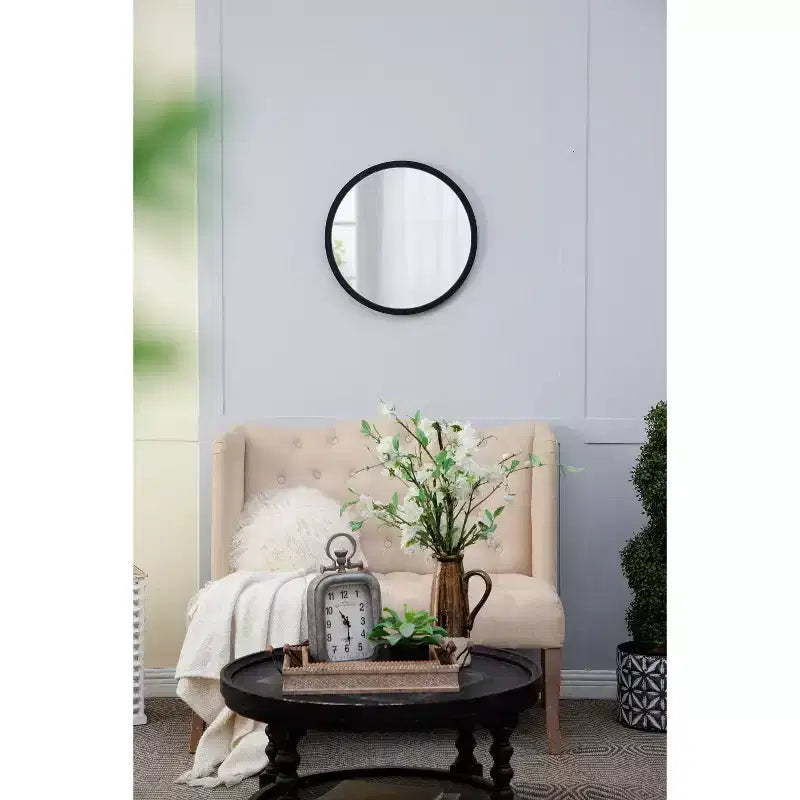 Miroir mural rond de 50 x 50 cm avec cadre en bois noir