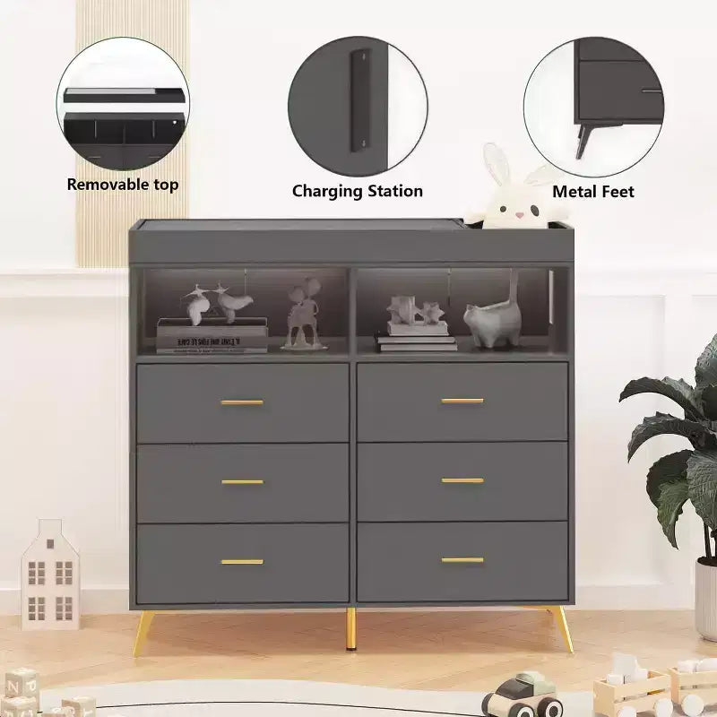 Acekool Commode à Langer avec Tiroirs Pieds en Métal Meuble de Rangement pour Chambre de Bébé