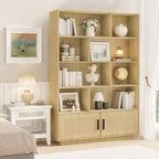 Bibliothèque Acekool à 5 niveaux avec portes en rotin, étagères réglables, armoire de rangement en bois style bohème pour salon ou chambre à coucher