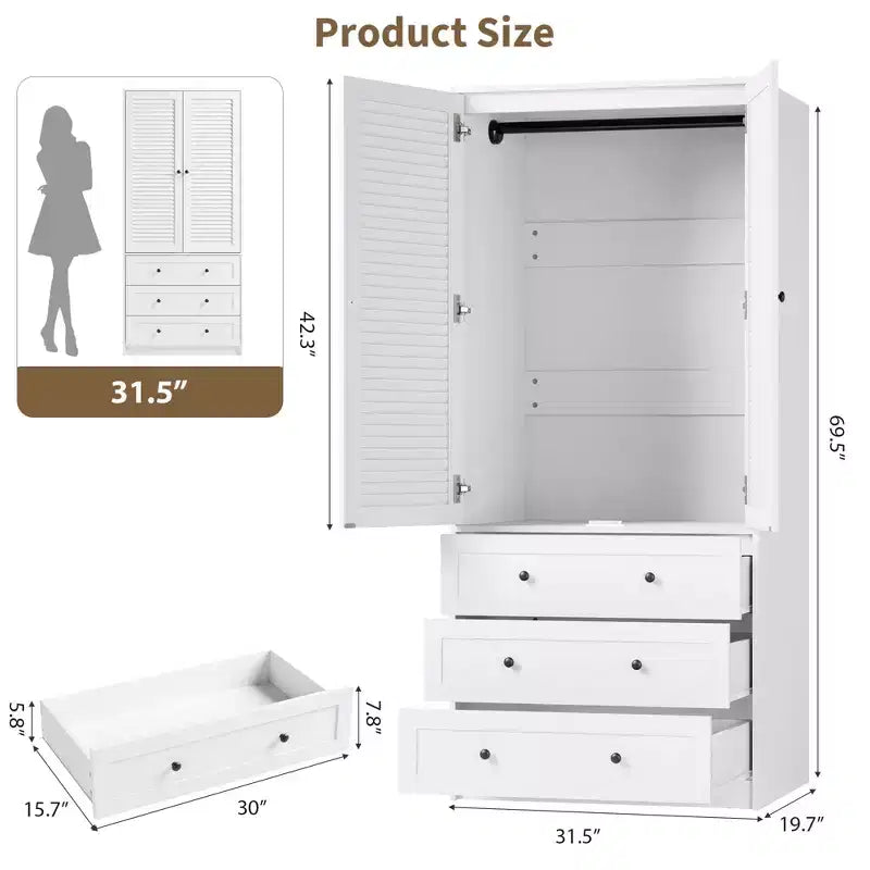 Armoire de rangement avec tiroirs, armoire en bois de 176,5 cm avec tringle de suspension, placard de rangement à 2 portes pour chambre à coucher