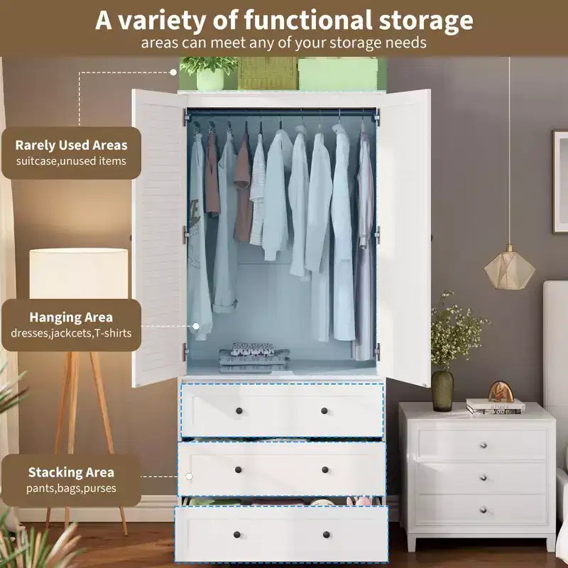 Armoire de rangement avec tiroirs, armoire en bois de 176,5 cm avec tringle de suspension, placard de rangement à 2 portes pour chambre à coucher