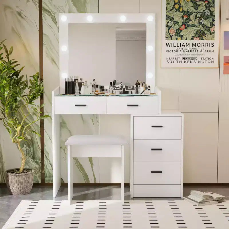 Makeup Vanity Table with Sliding Mirror & 3 Lighting Modes, Dressing Desk with Stool and 5 Drawers for Bedroom