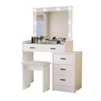 Coiffeuse avec miroir coulissant et 3 modes d'éclairage, bureau de maquillage avec tabouret et 5 tiroirs pour chambre à coucher