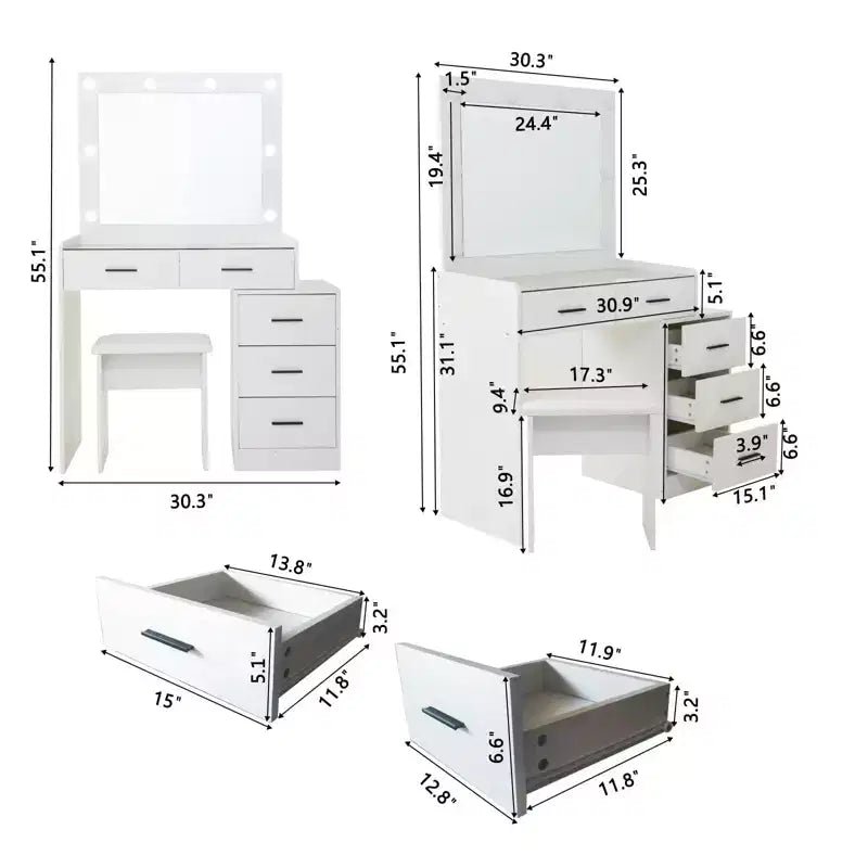 Coiffeuse avec miroir coulissant et 3 modes d'éclairage, bureau de maquillage avec tabouret et 5 tiroirs pour chambre à coucher
