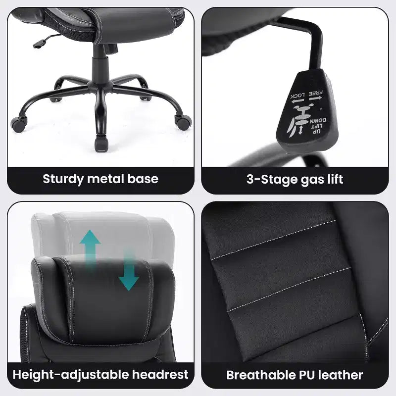 Chaise de Bureau Ergonomique avec Support Lombaire à Ressorts Ensachés - Fauteuil de Direction en Cuir, Appuie-tête Réglable, Accoudoirs Relevables, Chaise Inclinable pour Ordinateur