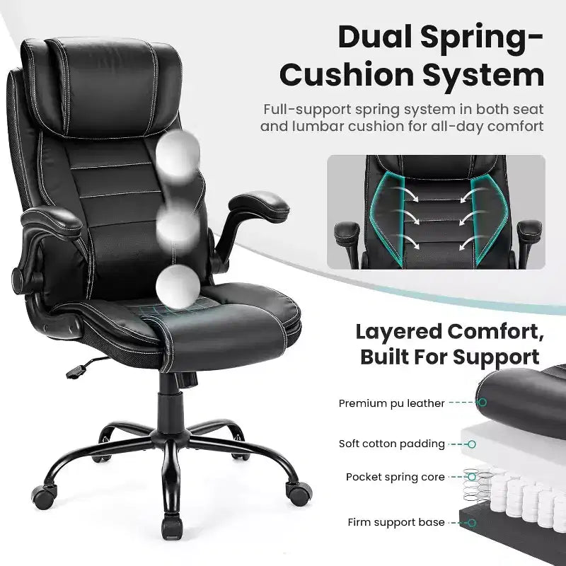 Chaise de Bureau Ergonomique avec Support Lombaire à Ressorts Ensachés - Fauteuil de Direction en Cuir, Appuie-tête Réglable, Accoudoirs Relevables, Chaise Inclinable pour Ordinateur