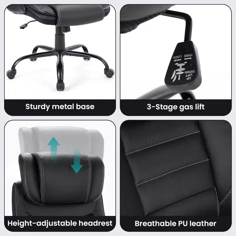 Chaise de Bureau Ergonomique avec Support Lombaire à Ressorts Ensachés - Fauteuil de Direction en Cuir, Appuie-tête Réglable, Accoudoirs Relevables, Chaise Inclinable pour Ordinateur