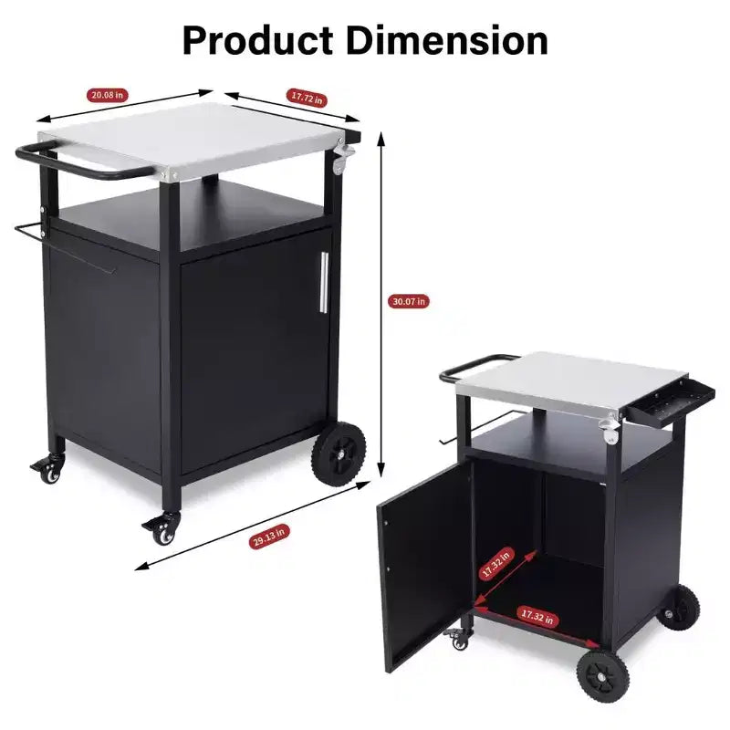 Chariot de barbecue noir à 4 roues Karl Home avec plateau en acier inoxydable, station de cuisson avec armoire à porte unique