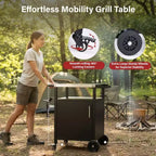 Chariot de barbecue noir à 4 roues Karl Home avec plateau en acier inoxydable, station de cuisson avec armoire à porte unique