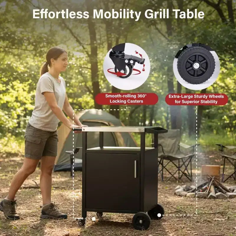 Chariot de barbecue noir à 4 roues Karl Home avec plateau en acier inoxydable, station de cuisson avec armoire à porte unique
