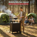 Chariot de barbecue noir à 4 roues Karl Home avec plateau en acier inoxydable, station de cuisson avec armoire à porte unique
