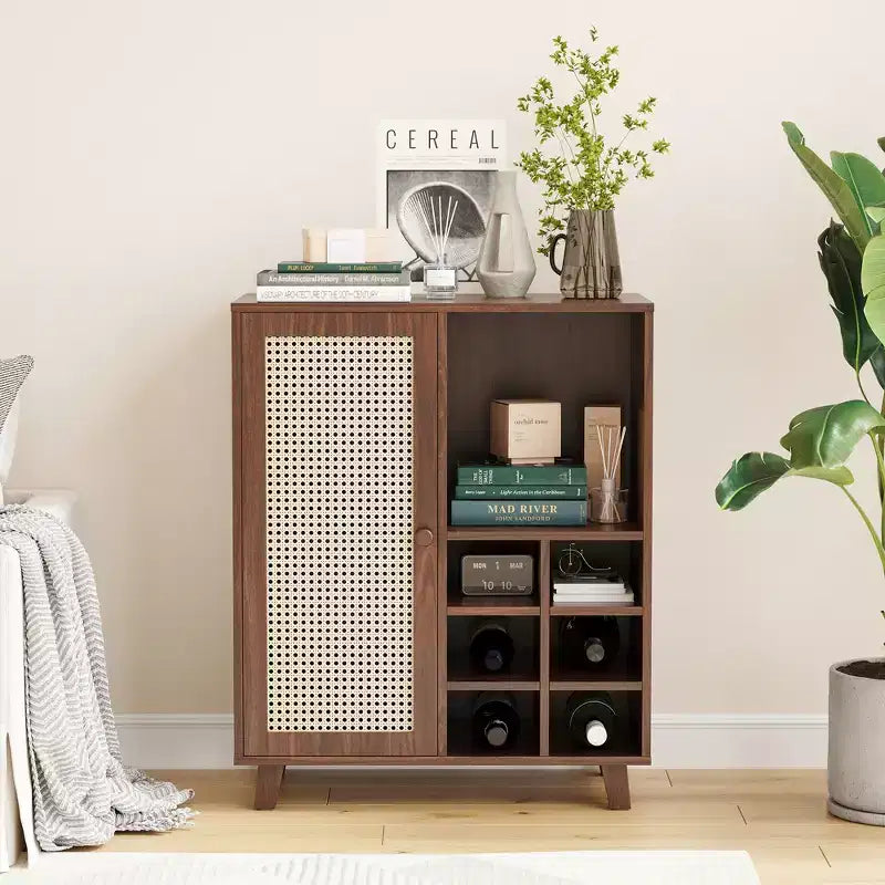 JVNOXK Buffet de rangement de 34 pouces avec casier à vin, plusieurs compartiments de rangement, pour meubles de salon, noyer
