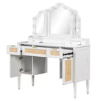 JVNOXK Coiffeuse 44,37 pouces avec miroir triple pliable, 13 ampoules Hollywood et 3 modes d'éclairage, grande station de charge avec 5 tiroirs et étagères, blanche