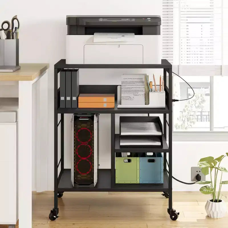 Support d'imprimante mobile à 3 niveaux avec station de charge et étagère de rangement – Organisateur de bureau roulant pour la maison, la cuisine, le salon