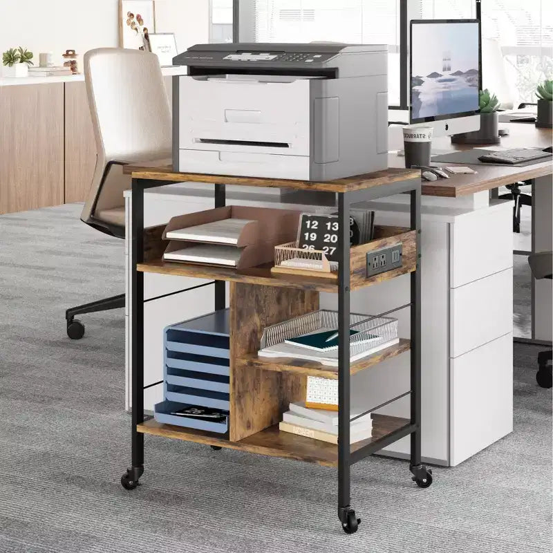 Support d'imprimante mobile à 3 niveaux avec station de charge et étagère de rangement – Organisateur de bureau roulant pour la maison, la cuisine, le salon