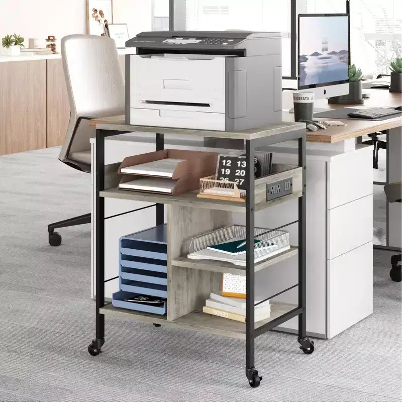 Support d'imprimante mobile à 3 niveaux avec station de charge et étagère de rangement – Organisateur de bureau roulant pour la maison, la cuisine, le salon
