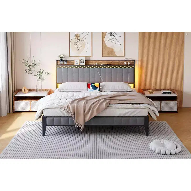 Cadre de lit complet COZONY avec tête et pied de lit en bois, éclairage LED réglable et station de charge, espace de rangement