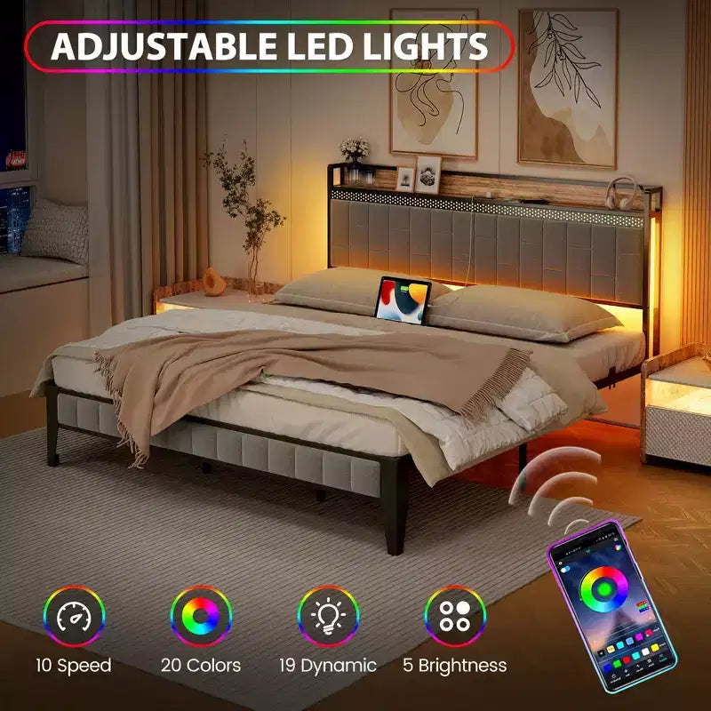 Cadre de lit complet COZONY avec tête et pied de lit en bois, éclairage LED réglable et station de charge, espace de rangement