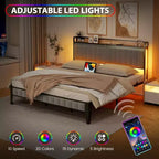 Cadre de lit complet COZONY avec tête et pied de lit en bois, éclairage LED réglable et station de charge, espace de rangement