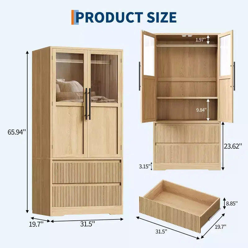 COZONY 66 Armoire de chambre en bois naturel avec tringle et tiroir de rangement