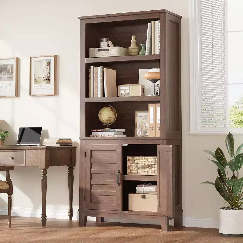 Acekool 71 Bibliothèque de style rustique avec portes, étagère haute à 5 niveaux pour salon ou bureau