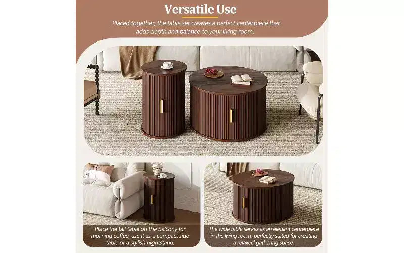 TUYOHW Ensemble de 2 tables basses à grain de bois, Table basse de rangement à porte tambour cannelée, Table d'appoint ronde cannelée, Table d'appoint haute et basse avec finition bois