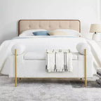 MAYEERTY Elegant Upholstered Line Storage Bench with Cylindrical Arms and Iron Legs for Hallway Living Room Bedroom White
