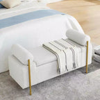 Banc de rangement élégant MAYEERTY rembourré, avec accoudoirs cylindriques et pieds en fer, pour couloir, salon, chambre, blanc
