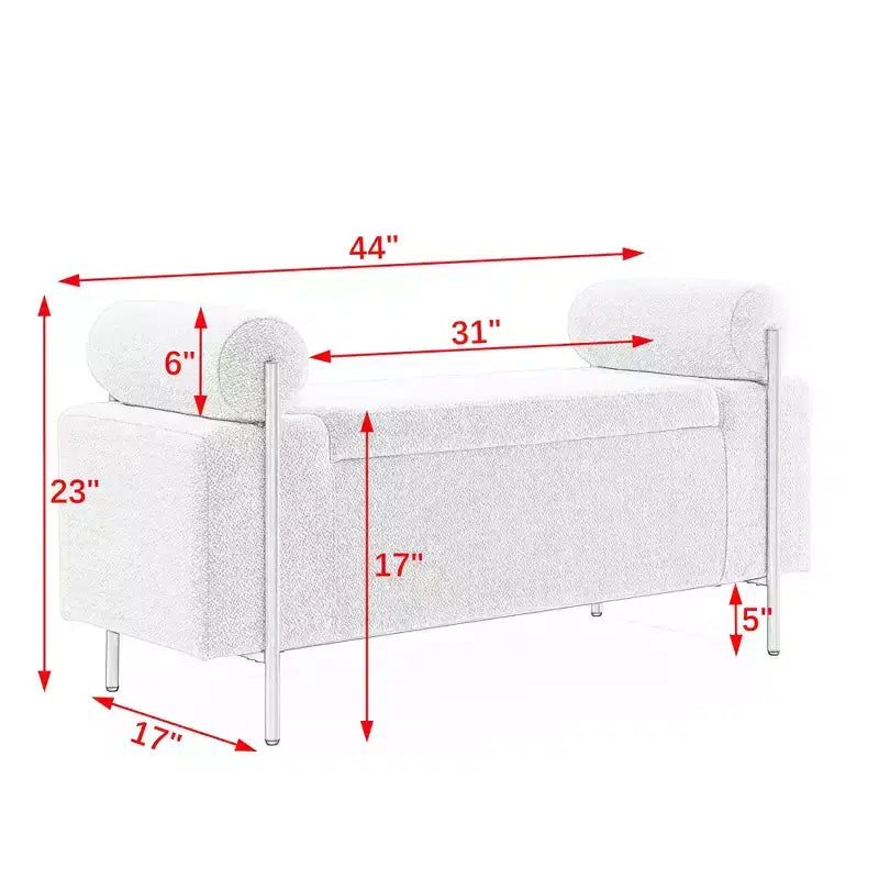 Banc de rangement élégant MAYEERTY rembourré, avec accoudoirs cylindriques et pieds en fer, pour couloir, salon, chambre, blanc
