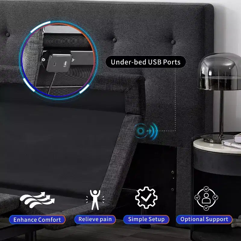 Sommier articulé Dyonery, cadre de lit réglable avec inclinaison d'oreiller, contrôle via application intelligente, massage, position zéro gravité, anti-ronflement, ports USB