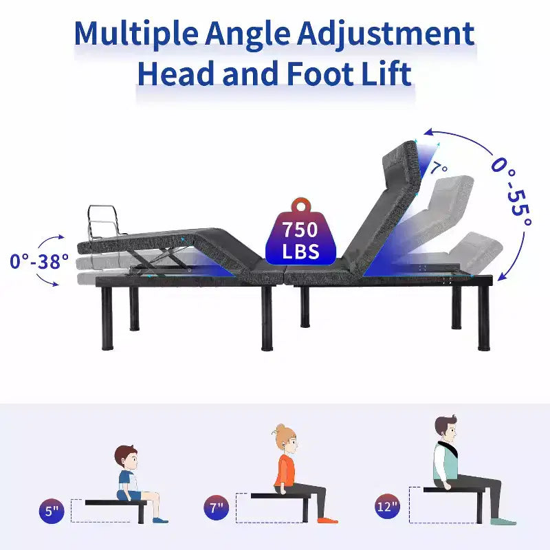 Sommier articulé Dyonery, cadre de lit réglable avec inclinaison d'oreiller, contrôle via application intelligente, massage, position zéro gravité, anti-ronflement, ports USB
