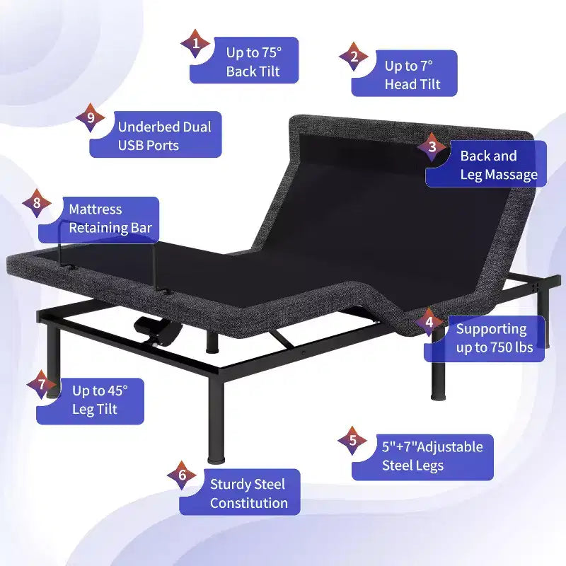 Sommier articulé Dyonery, cadre de lit réglable avec inclinaison d'oreiller, contrôle via application intelligente, massage, position zéro gravité, anti-ronflement, ports USB