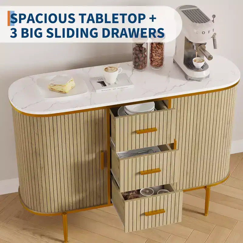 COZONY Buffet Moderne 47.3, Console d'Appoint Mid-Century, Plateau Faux Marbre, 2 Portes Coulissantes, 3 Tiroirs pour Cuisine, Salon, Entrée