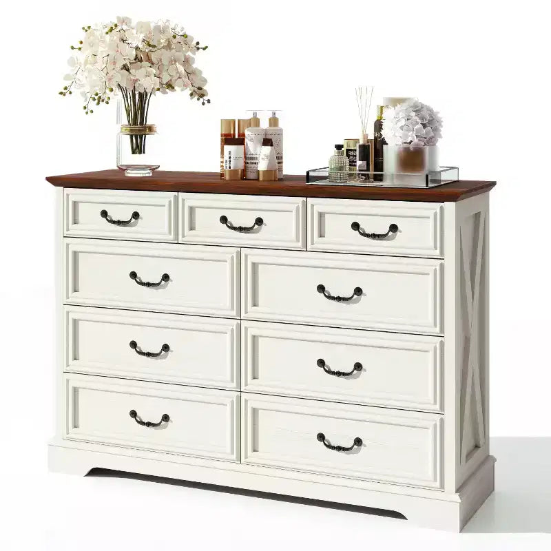 Commode de chambre Dyonery Farmhouse à 9 tiroirs, 132 cm de large, dessus en bois, organisateur de rangement pour chambre à coucher, salon, entrée