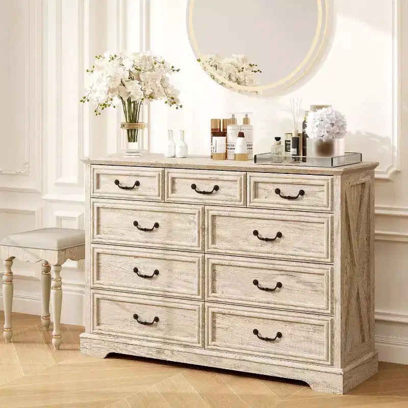 Commode de chambre Dyonery Farmhouse à 9 tiroirs, 132 cm de large, dessus en bois, organisateur de rangement pour chambre à coucher, salon, entrée