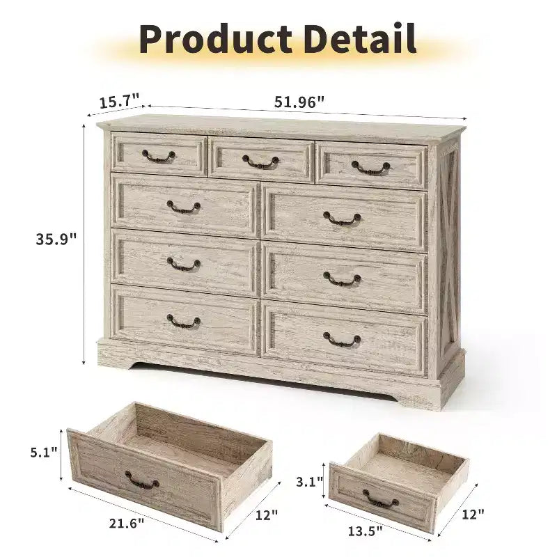 Commode de chambre Dyonery Farmhouse à 9 tiroirs, 132 cm de large, dessus en bois, organisateur de rangement pour chambre à coucher, salon, entrée