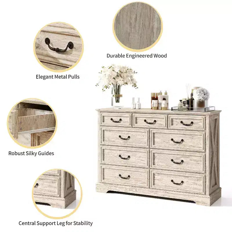 Commode de chambre Dyonery Farmhouse à 9 tiroirs, 132 cm de large, dessus en bois, organisateur de rangement pour chambre à coucher, salon, entrée