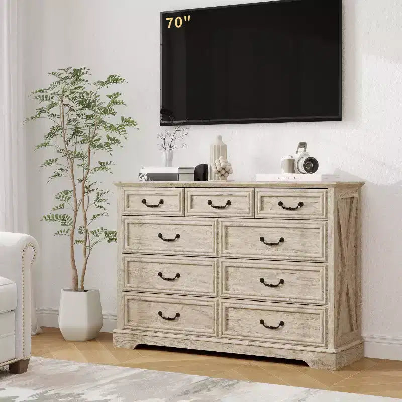 Commode de chambre Dyonery Farmhouse à 9 tiroirs, 132 cm de large, dessus en bois, organisateur de rangement pour chambre à coucher, salon, entrée