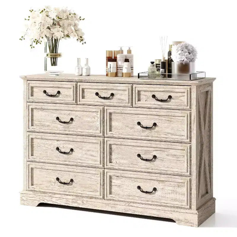 Commode de chambre Dyonery Farmhouse à 9 tiroirs, 132 cm de large, dessus en bois, organisateur de rangement pour chambre à coucher, salon, entrée