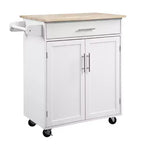 FAMYYT White Solid Rubber Wood Top 17.8 in. Kitchen Island Cart with 2 Door Cabinet and Drawers
