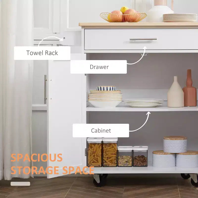 Chariot d'îlot de cuisine FAMYYT en bois d'hévéa massif blanc de 45,2 cm avec armoire à 2 portes et tiroirs