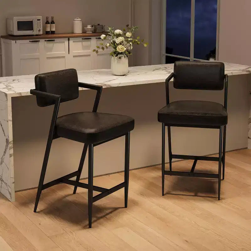 Bar Stools Set of 2, Tall Bar Chairs with Thick Cushion & Thickened Metal Legs, Upholstered Counter Height Bar Stools w/Backrest and Footrest