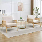 Acekool Lot de 2 Fauteuils d'Appoint Modernes du Milieu du Siècle, Accoudoirs en Rotin, Lin Rembourré, Pieds en Bois, pour Salon, Chambre à Coucher, Blanc